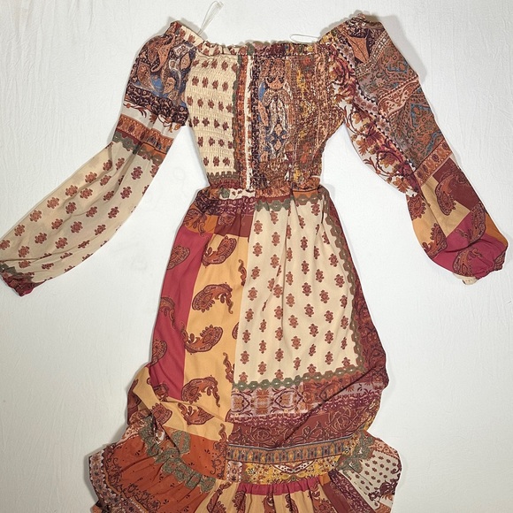 Boho Flowing Cottagecore Patchwork Maxi Dress in Cream, Rust & Gold - Picture 5 of 8